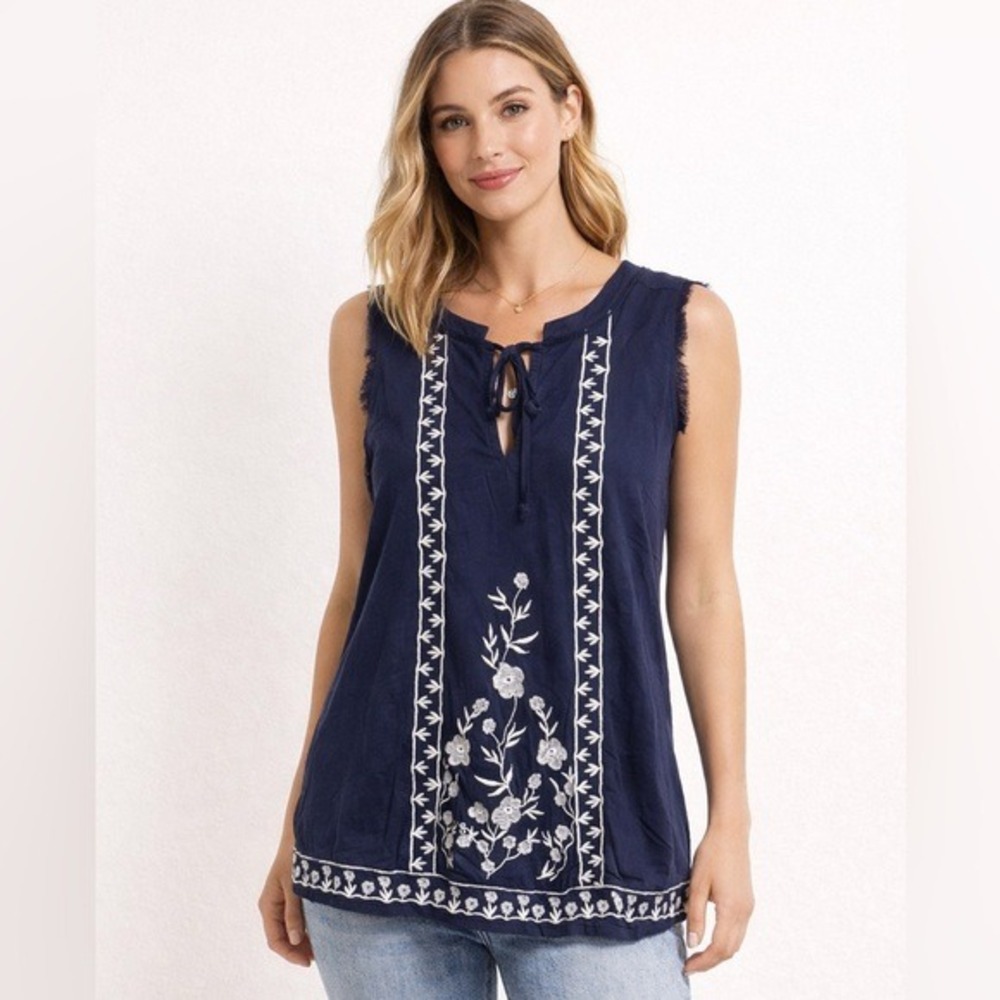 dip Navy Blue Embroidered Sleeveless Tie Neck Top Women's Size‎ S